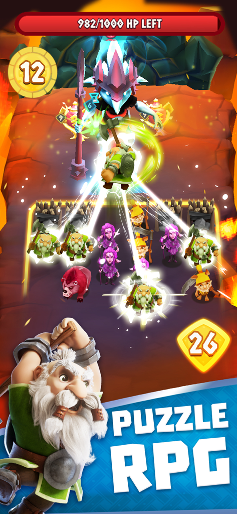 Gameplay RPG tactique de puzzle dans Legend of Solgard, avec des héros nordiques dans une arène de combat