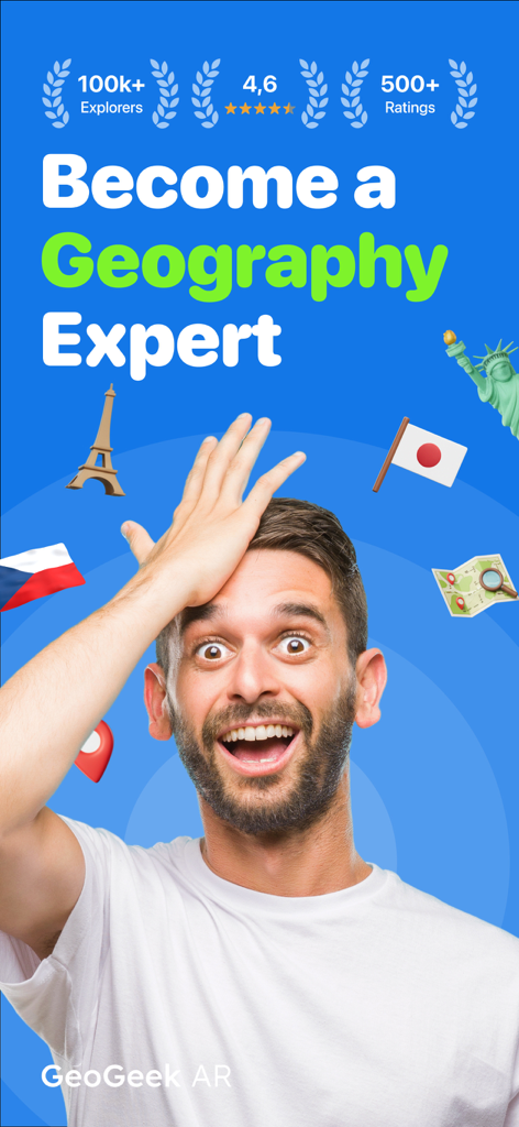 Geography Quiz: GeoGeek - An excited man surrounded by world landmarks and flags promoting the GeoGeek AR geography quiz app.