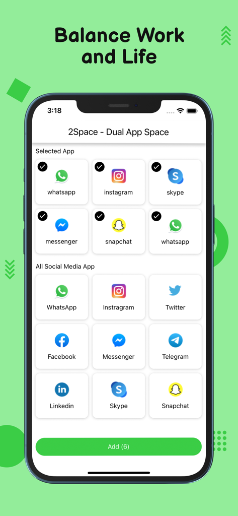 2Space - Multiple Accounts - Screenshot of the 2Space app selection screen showing various social media icons like WhatsApp and Instagram ready to be cloned for multiple accounts
