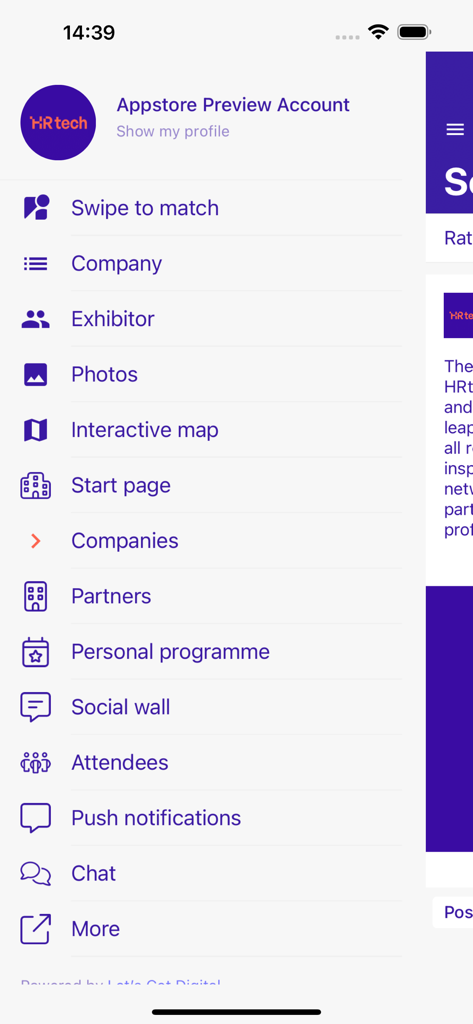 HRtechモバイルアプリのメインナビゲーションメニュー。ネットワーキング、プログラムスケジュール、参加者リストなどのさまざまなイベント機能が表示されます。