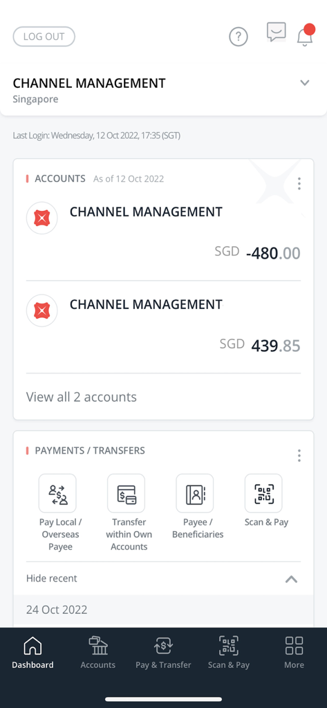 DBS IDEAL Mobile - DBS IDEAL Mobile corporate banking dashboard showing account balances and payment options