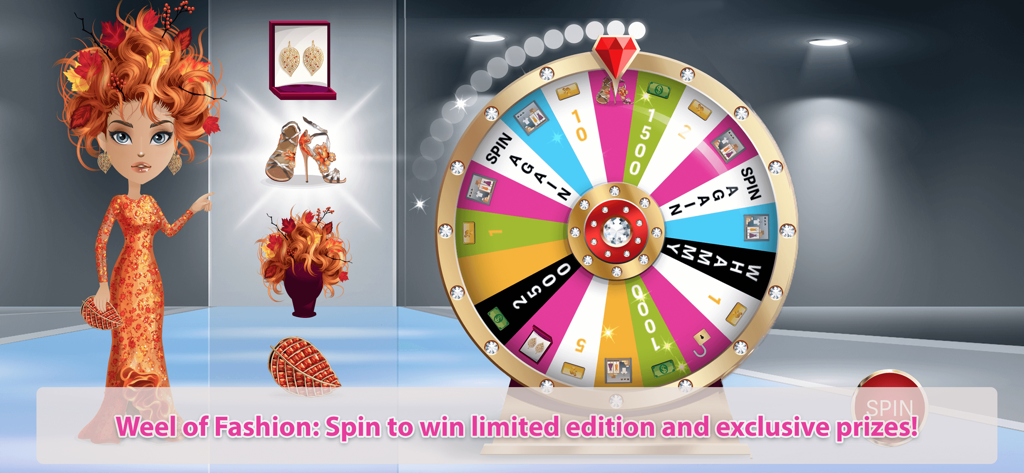 Wheel of Fashion minigame in Mall World with exclusive clothing rewards and an autumn themed avatar