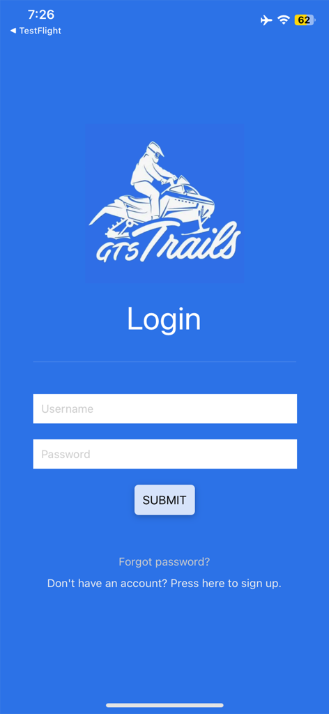 Groomer Tracking Systems - Login screen for the GTS Trails snowmobile navigation app featuring fields for username and password