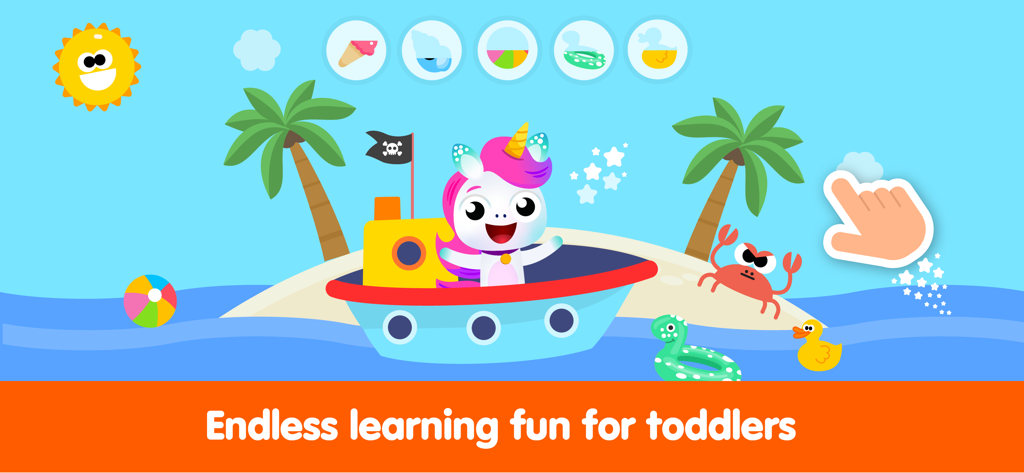 Kids Piano Fun: Music Games - A colorful cartoon scene with a unicorn in a boat on a beach for toddler educational play