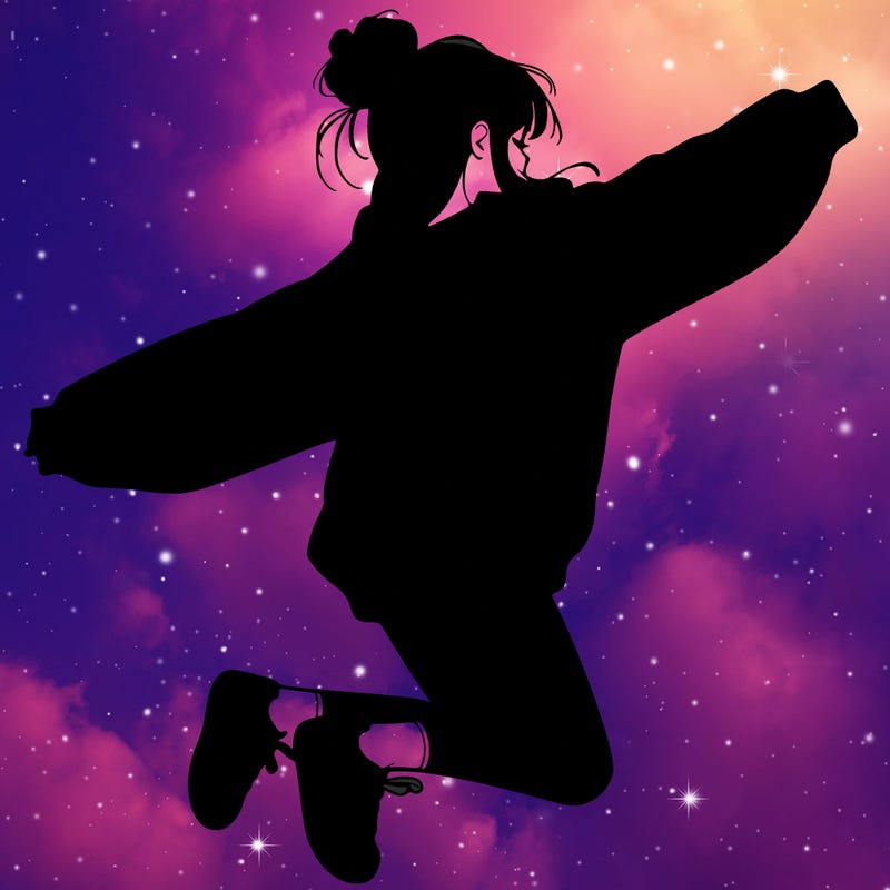 realistic girl jumping with a bun and oversized sweatshirt