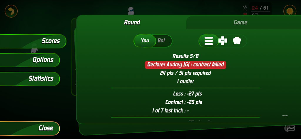 플레이어 점수와 계약 상태를 보여주는 SHUA Tarot 앱 라운드 결과 화면