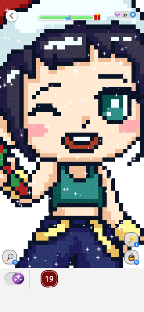 Un coloreado pixel art completado de una chica de anime guiñando el ojo con destellos en la interfaz de la aplicación