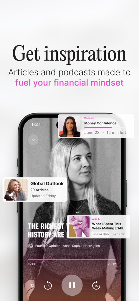Female Invest - Interfaccia dell'app Female Invest che mostra articoli e podcast sulla mentalità finanziaria per le donne