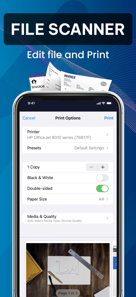 Smart Air Print App & Scan - Interfaz del teléfono inteligente que muestra las opciones de escáner de archivos e impresión dentro de la aplicación Smart Air Print.