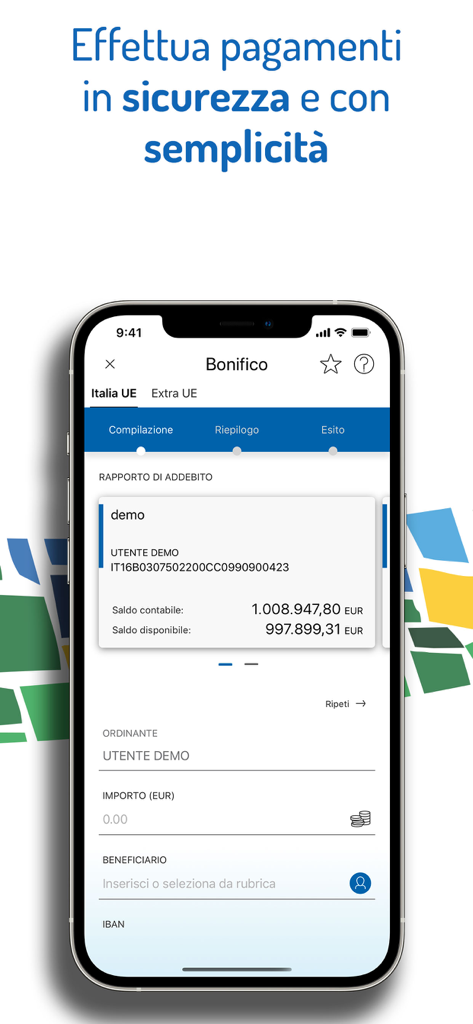 La Cassa di Ravenna S.p.A. - Happy Banking mobile app interface showing a bank transfer screen for secure payments.