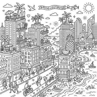 Immerse yourself in a dynamic scene where city life meets a vibrant summer getaway. This detailed coloring page blends urban architecture with sunny beach elements for endless creative fun.