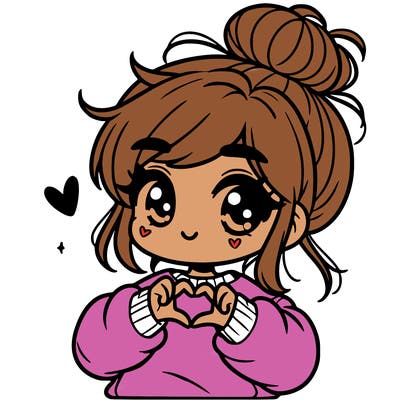 cute girl with messy bun and an over sized sweatshirt doing the heart sign