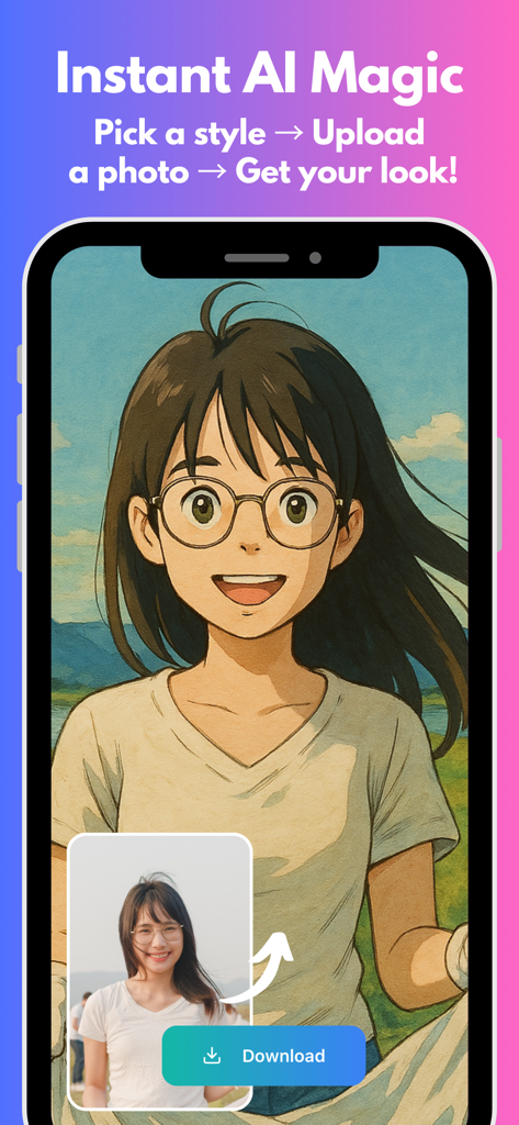 Anime AI: AI Image Generator - Mobile app screenshot showing a real photo transformed into a stylized anime drawing of a girl with glasses