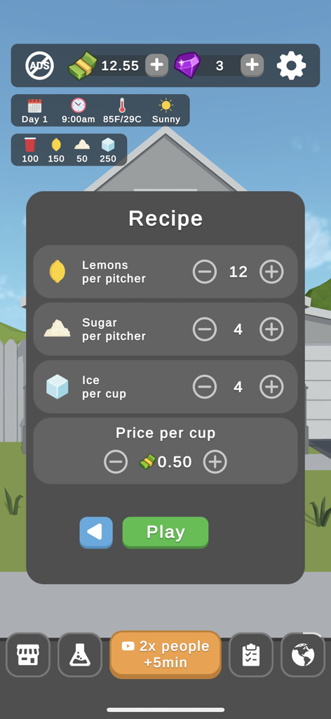 Cool Lemonade Stand - A screenshot of the recipe and price settings menu in the Cool Lemonade Stand mobile game