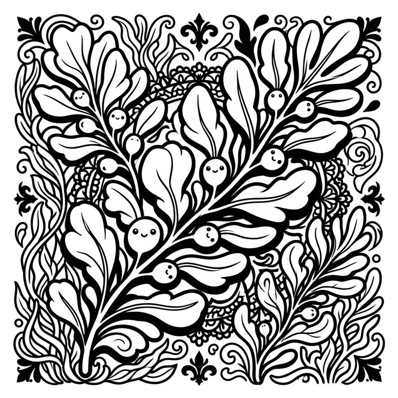 Explore the fascinating world of Sargassum seaweed reimagined in an adorable Kawaii style. This unique coloring page blends cute ocean life with a touch of mysterious Gothic elegance, perfect for creative minds.