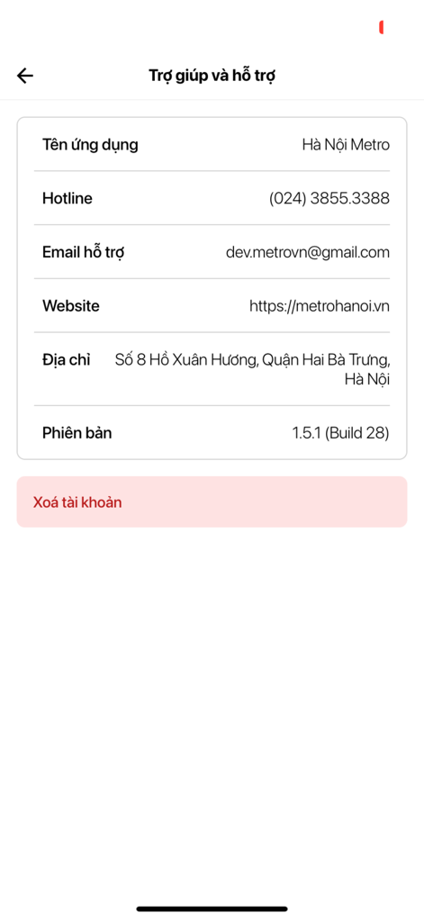 Hà Nội Metro - ハノイメトロアプリのヘルプとサポートページ。連絡先情報とアカウント削除ボタンが表示されています。