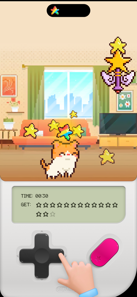 Animale domestico gatto digitale pixel art in una stanza accogliente con un'interfaccia di gioco per console portatile retrò