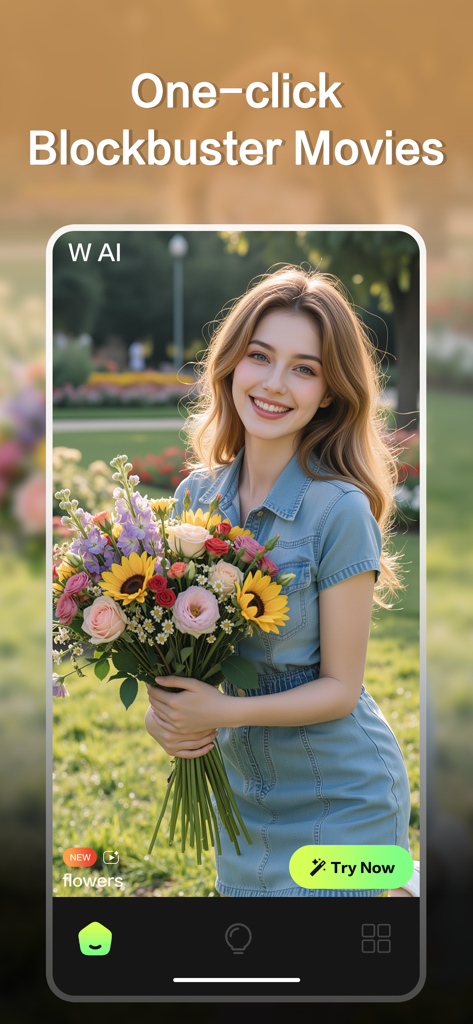 AI Wao: AI Video Generator - Interfaz de la aplicación AI Wao mostrando a una mujer sosteniendo flores con el texto Películas Blockbuster con un clic