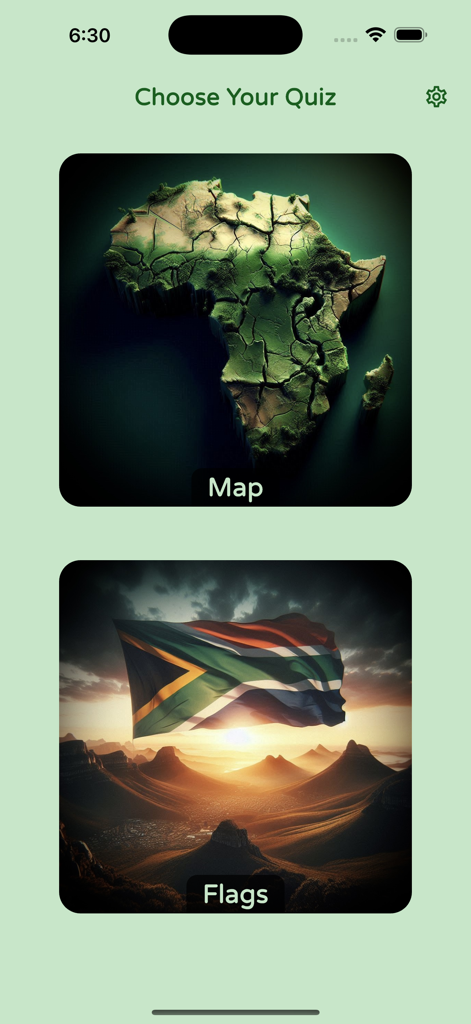 Menu di selezione dell'app Quiz sull'Africa che mostra le opzioni per le categorie mappa e bandiere