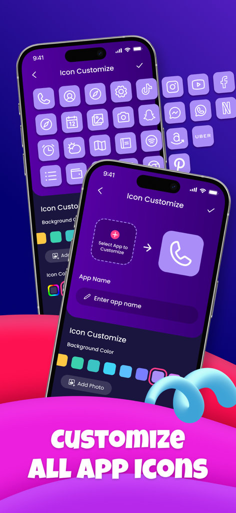Color Widgets: Icon Themes - App interface showing how to customize all app icons with purple aesthetic themes