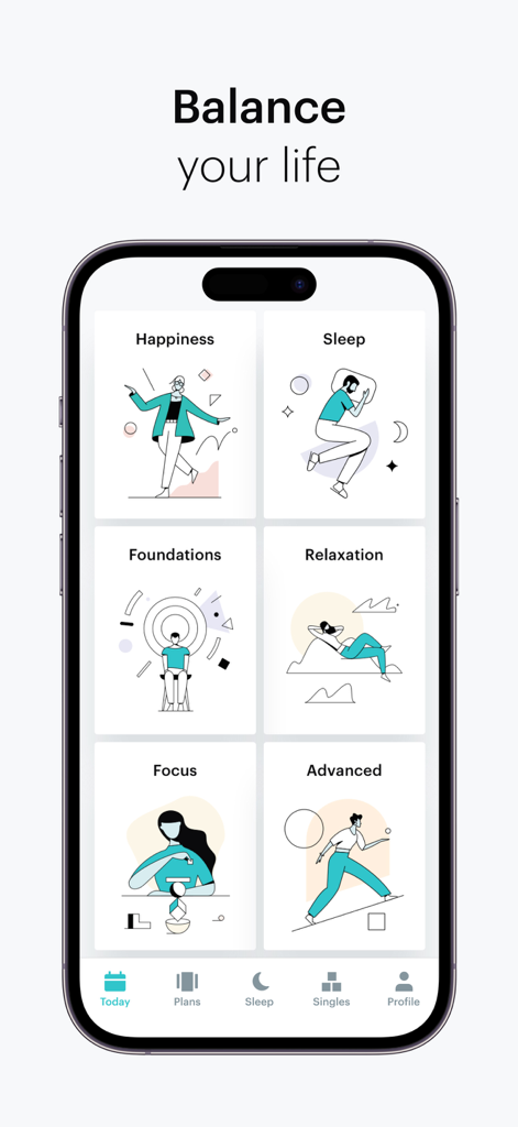 Balance: Meditation & Sleep - iPhone screen showing the Balance app dashboard with meditation categories like Sleep and Focus