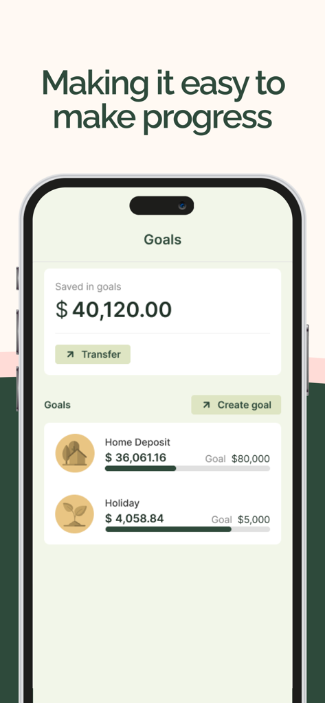 Blossom – Save & Invest. - Blossom app interface displaying savings goals for a home deposit and holiday with progress bars