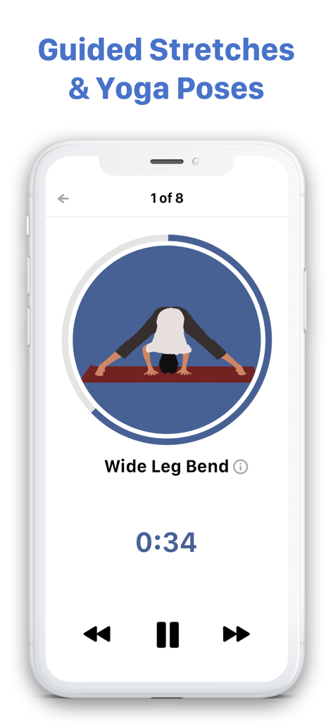Interface de l'application Stretch Club montrant une pose de yoga guidée 'Grand écart facial' avec un minuteur.