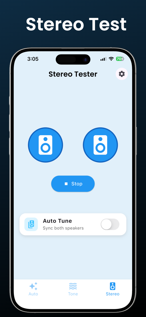 Interfaz de prueba estéreo de la aplicación Eliminador de Líquido con iconos de doble altavoz y opciones de ajuste automático