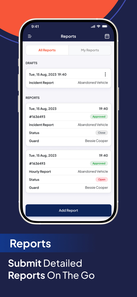 GuardsPro Security Guard App - GuardsPro mobile app interface showing a list of submitted and draft security incident reports on an iPhone