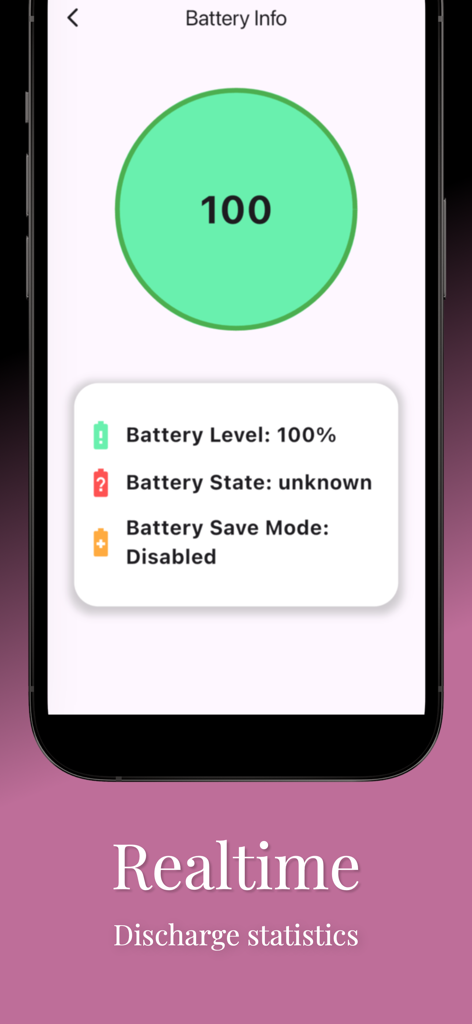 AccuBatteryインターフェース。バッテリー残量100%と放電統計が表示されています。
