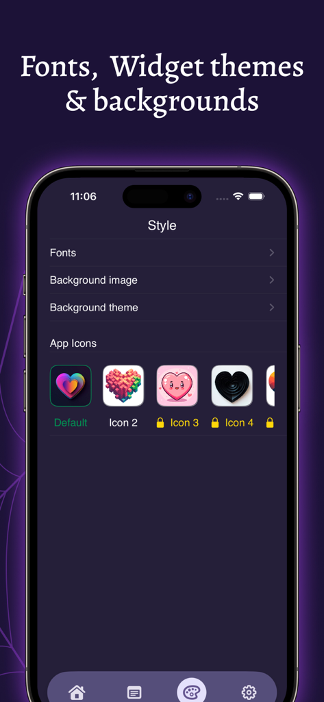 Relationship counter — My love - DuoDays 앱 인터페이스, 글꼴, 배경 테마 및 다양한 하트 모양 앱 아이콘의 사용자 정의 옵션 표시
