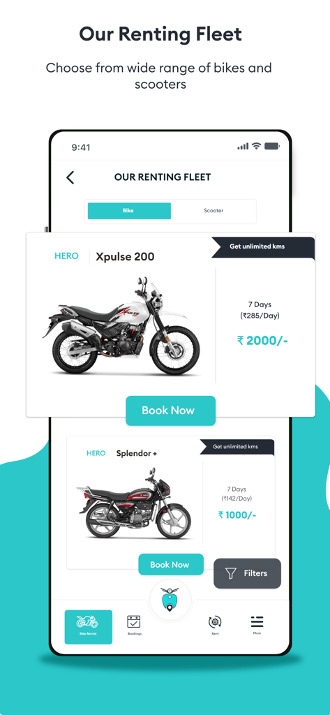 Freedo Rentals - Freedo Rentals app screen showing a selection of Hero motorbikes available for rent with pricing and a book now button