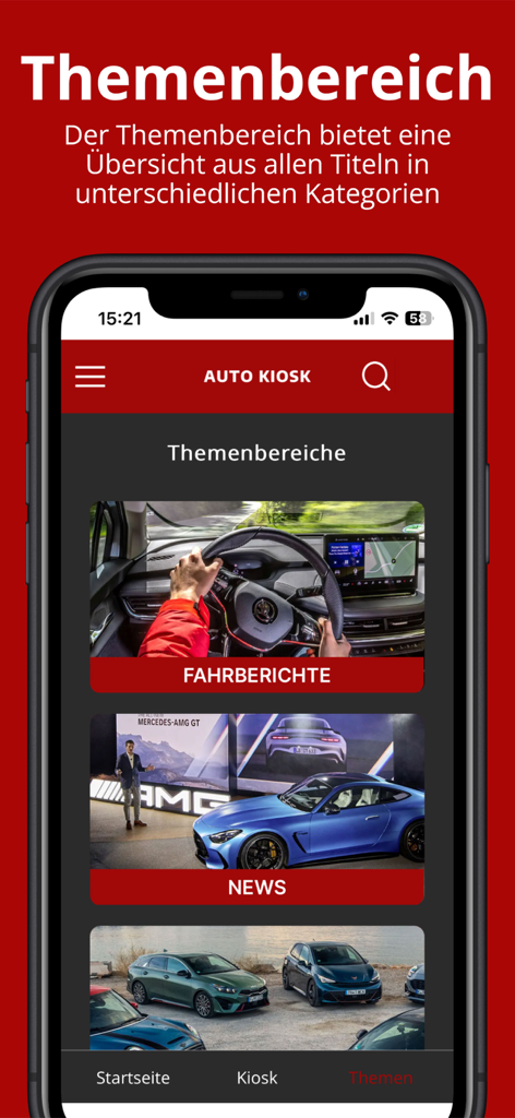 App Auto Kiosk che mostra categorie tematiche automobilistiche incluse notizie e resoconti di guida