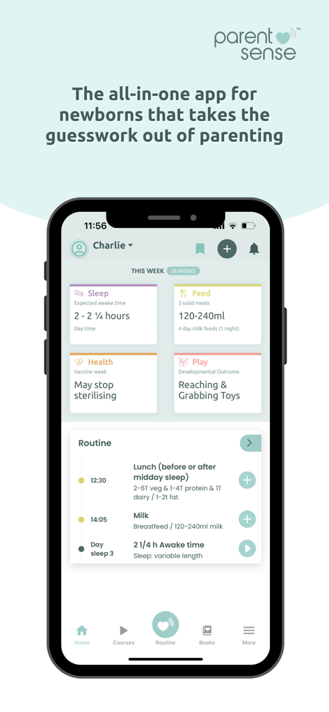 Parent Sense: Daily Baby Care - Parent Sense app dashboard showing a daily routine for baby care including sleep, feeding, and play trackers.