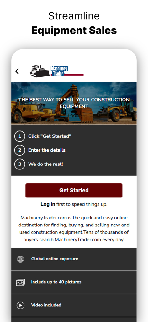 MachineryTrader: Buy Equipment - MachineryTrader app interface showing the three step process to list and sell heavy construction equipment with features like global exposure and photo uploads