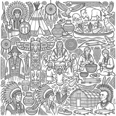 Dive into the rich history and vibrant traditions of Indigenous North Americans with this comprehensive coloring page. Explore a collection of figures, animals, symbols, and artifacts that celebrate diverse tribal cultures.