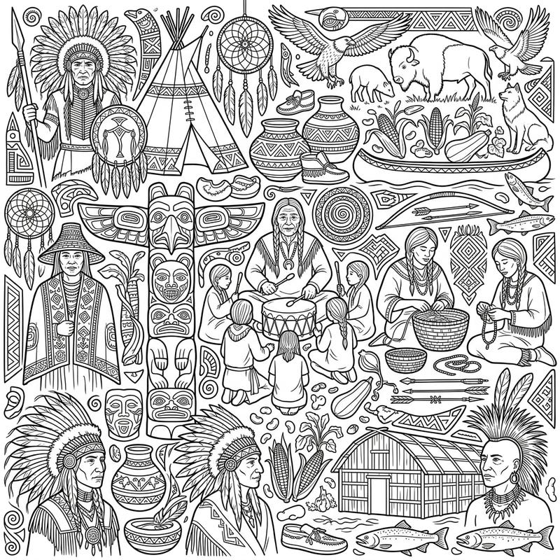 Dive into the rich history and vibrant traditions of Indigenous North Americans with this comprehensive coloring page. Explore a collection of figures, animals, symbols, and artifacts that celebrate diverse tribal cultures.