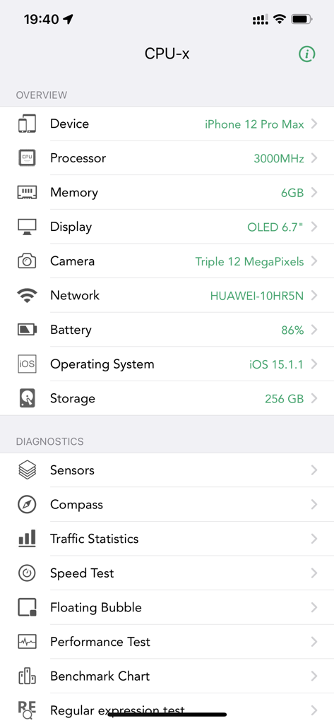 CPU-x Dasher z Battery life - CPU-x app dashboard displaying iPhone 12 Pro Max hardware specifications and diagnostic tools