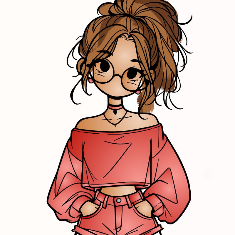 girl with a messy ponytail glasses a baggy crop top and jean shorts