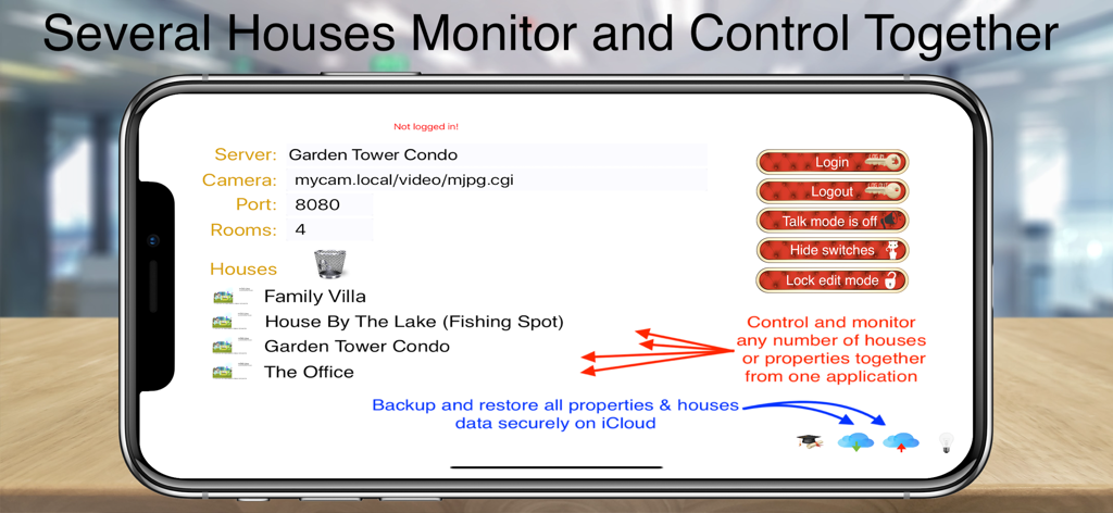 HOS Smart Home IP Control - Interface of HOS Smart Home app showing a list of different properties and management settings
