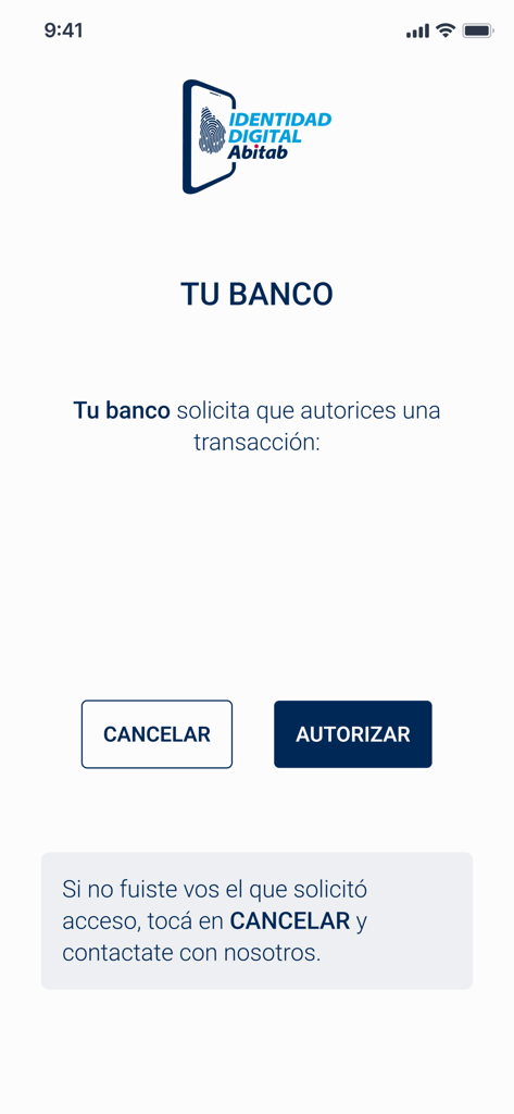 Identidad Digital Abitab - Mobile app interface showing a bank transaction authorization request with cancel and authorize buttons