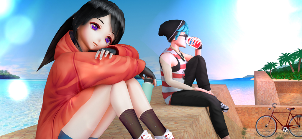 Anime Girl Love Life Simulator - 3D anime girl and boy sitting by the sea