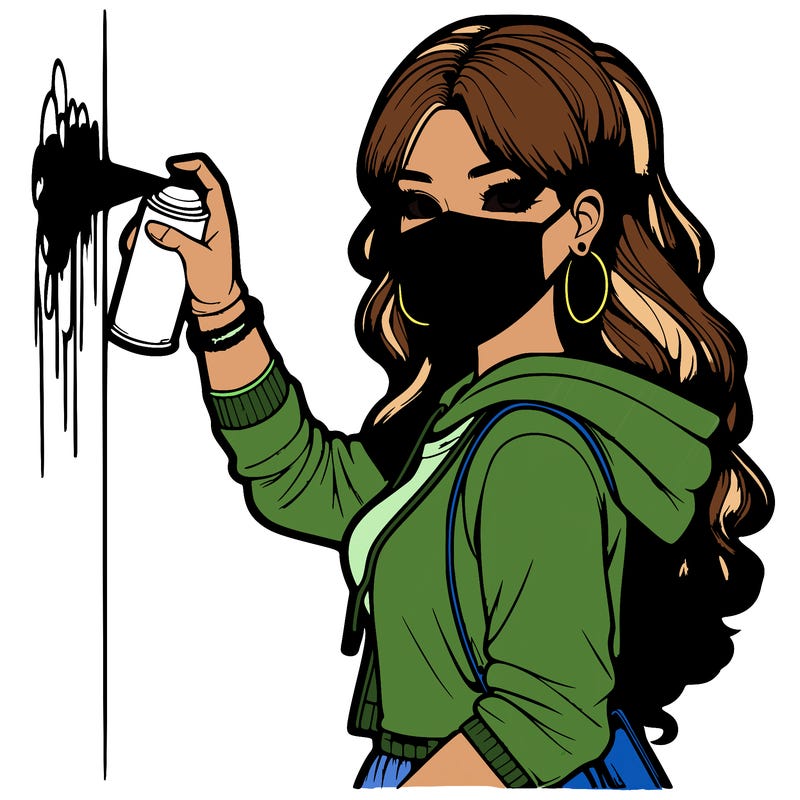 realistic girl with mask spray painting a wall