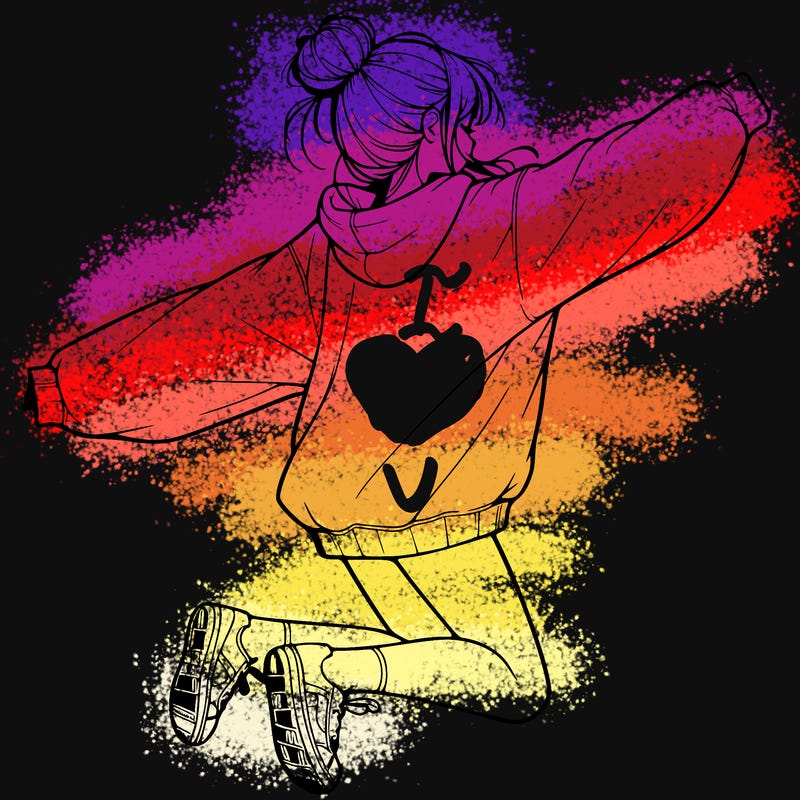 realistic girl jumping with a bun and oversized sweatshirt