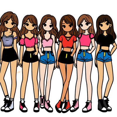a group of girls wearing crop tops and shorts