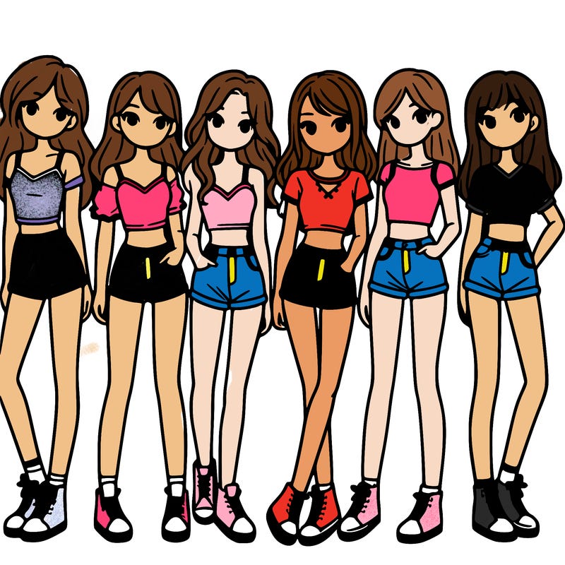 a group of girls wearing crop tops and shorts