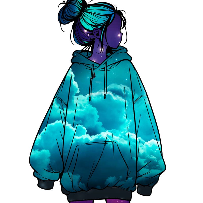 realistic girl with a oversized sweatshirt on and a bun