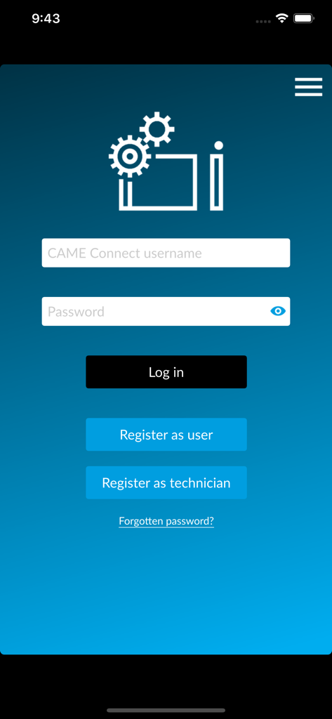 CONNECT SetUp - Pantalla de inicio de sesión de la aplicación CONNECT SetUp con opciones para iniciar sesión o registrarse como usuario o técnico