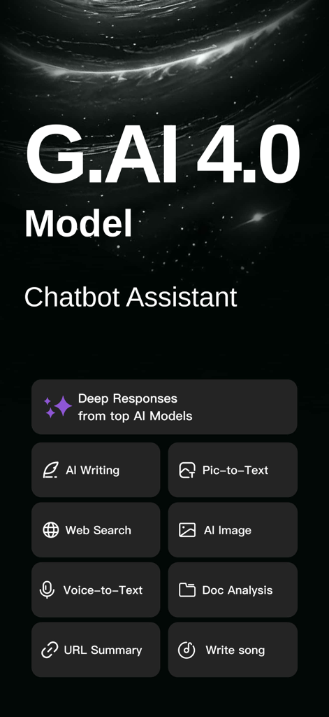 G.AI 4.1 -AI Chatbot Assistant - Interface of G.AI 4.0 Chatbot Assistant showing AI tools for writing, image generation, and document analysis
