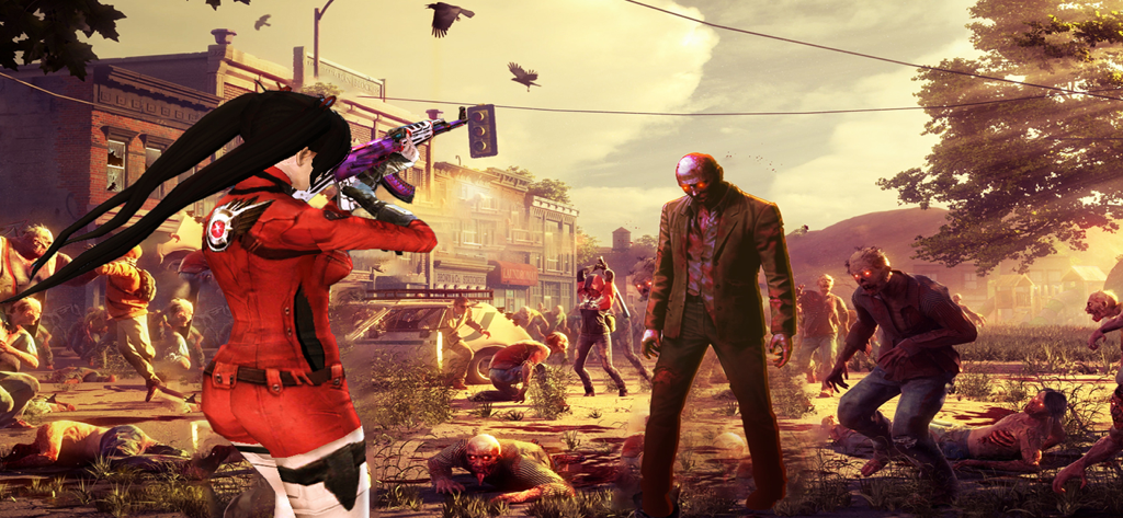 Dead Zombie Trigger 3:Survival - A female commando in a red suit aiming a rifle at zombies in a post-apocalyptic street